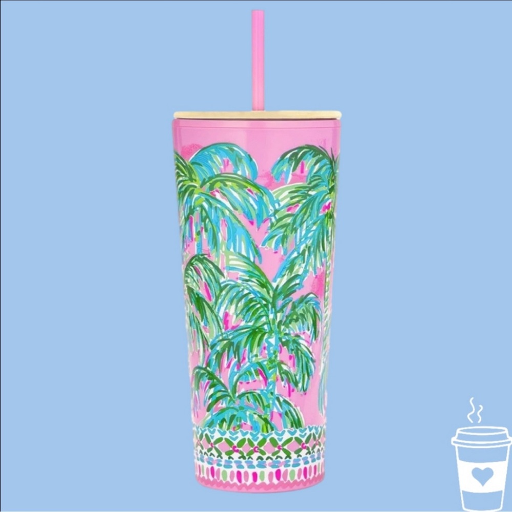 Lilly Pulitzer Pink/Green Double Wall Tumbler with Lid and Reusable Straw